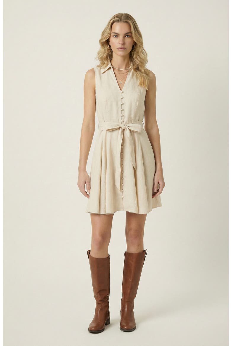 Sleeveless Fit-and-Flare Button-Front Dress, Main, color, Beige