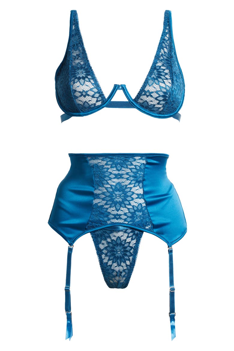 Sun Kissed Underwire Bra, G-String & Garter Belt Set, Alternate, color, BLUE