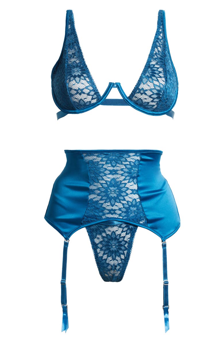 Hauty Sun Kissed Underwire Bra, G-String & Garter Belt Set, Alternate, color, Blue