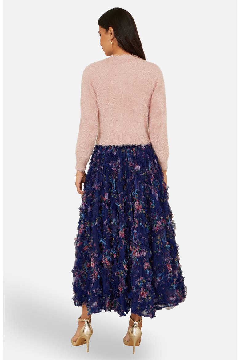 Floral Ruffle Mesh Midi Skirt, Alternate, color, Navy