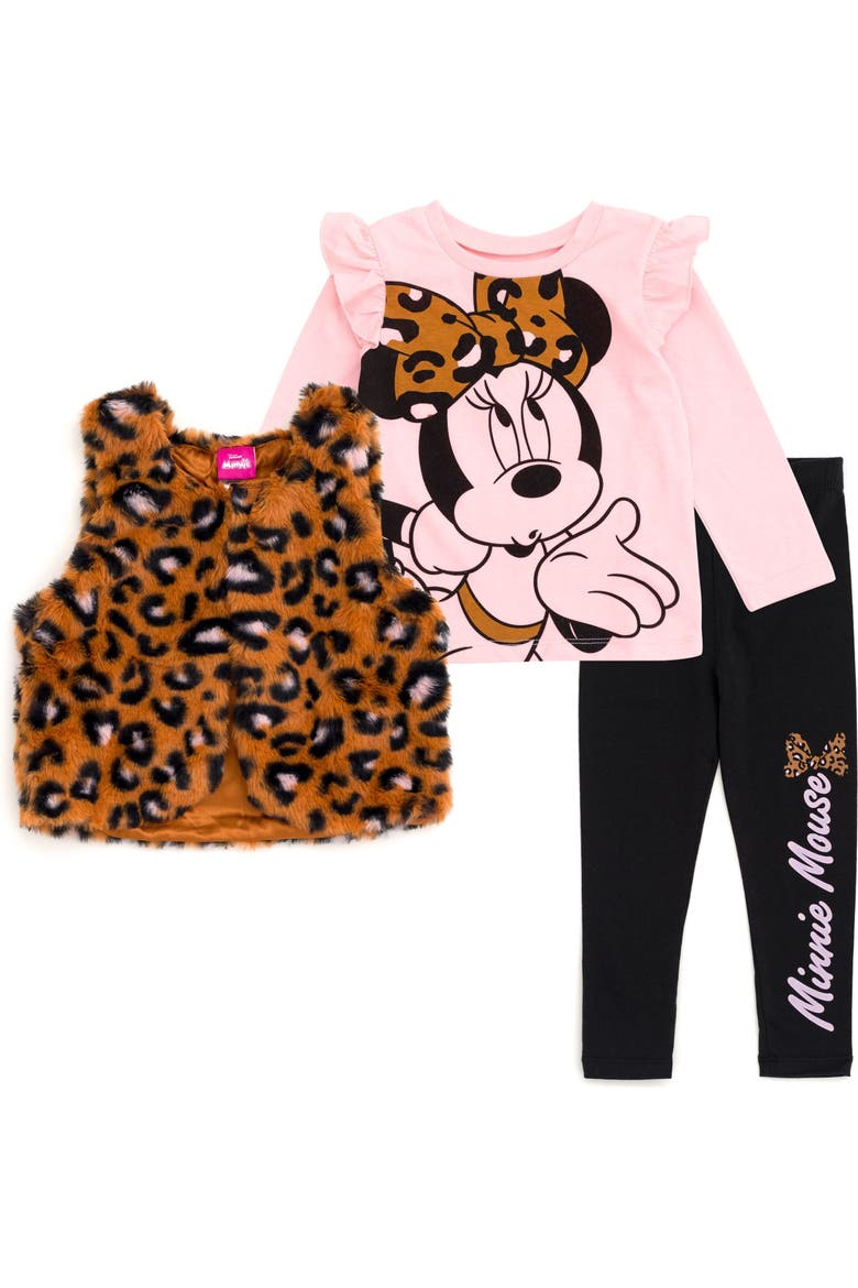 Minnie Mouse Faux Fur Vest Tee and Leggings Set, Main, color, Minnie Pink Leopard