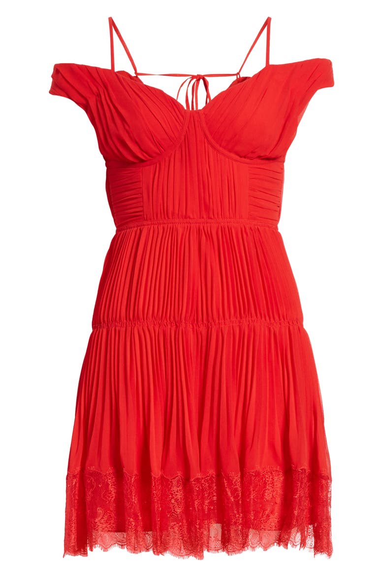 Pleated Cold Shoulder Minidress, Alternate, color, DARK RED
