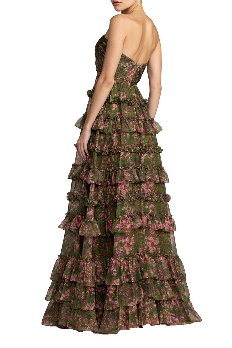 Strapless Floral Print Tiered Ruffle Ball Gown, Alternate, color, Green Multi