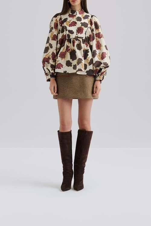 Malina Pernilla High Neck Balloon Sleeve Blouse In Neutral