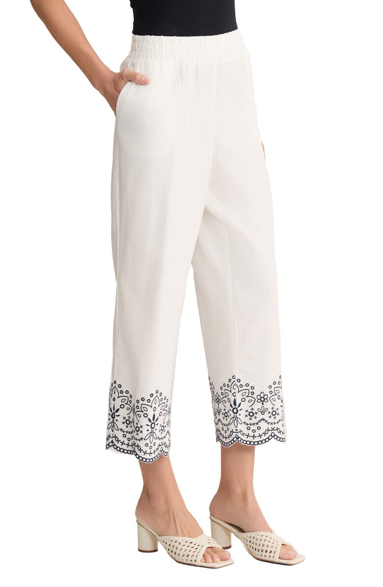 Jones New York Embroidered Hem Linen Blend Crop Pants, Alternate, color, Natural White/ Pacific Navy
