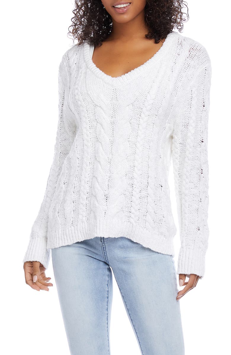 Karen Kane Cable Stitch V-Neck Cotton Sweater, Main, color, 