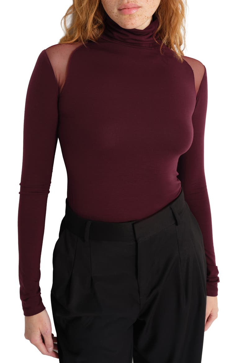 Maria Sheer Shoulder Turtleneck Top, Alternate, color, BURGUNDY