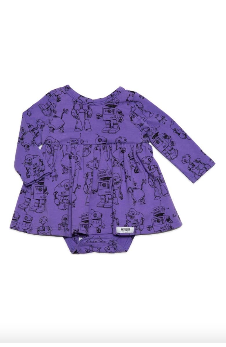 WORTHY THREADS Printed Long Sleeve Bubble Romper, Main, color, Robots