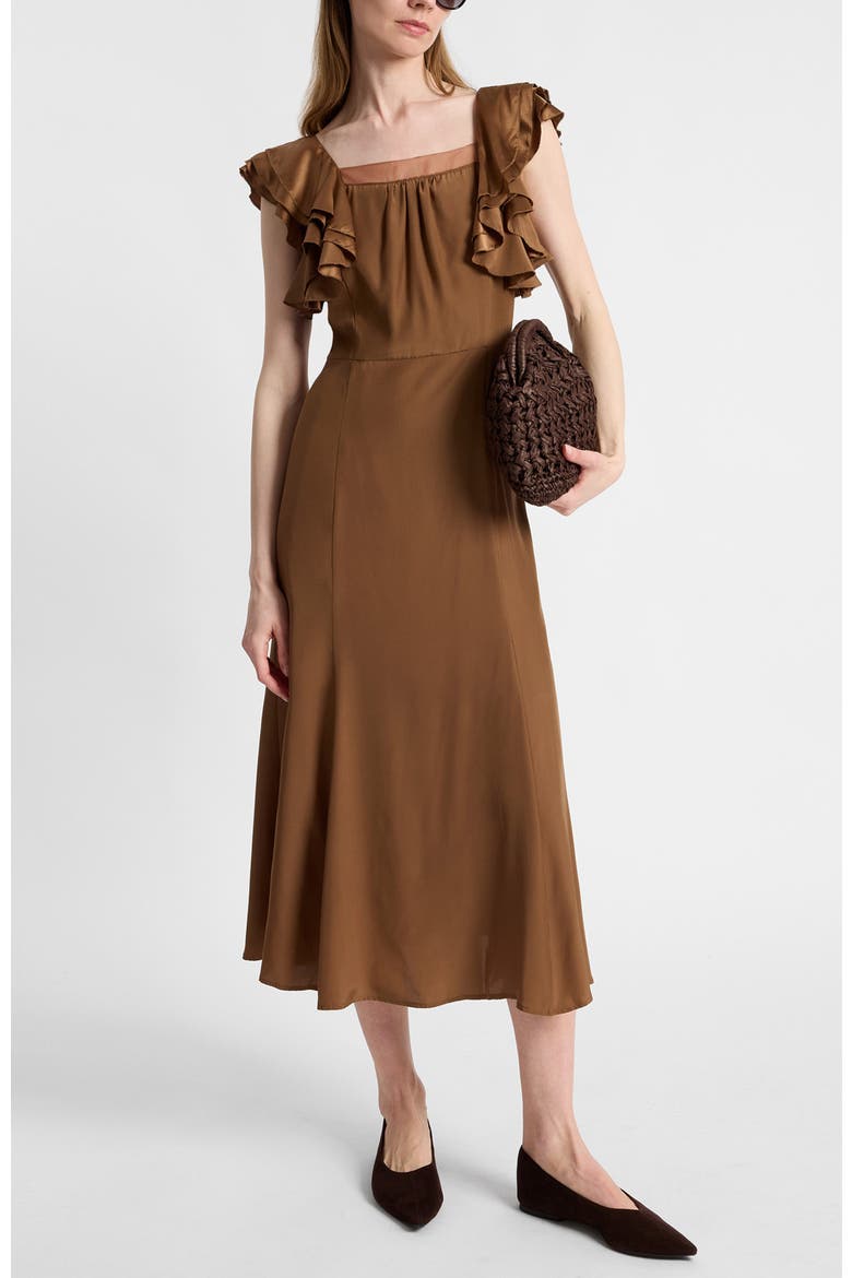 Yeda Fit and Flare Midi Dress in Silk Crepe de Chine, Alternate, color, Dark Bronze