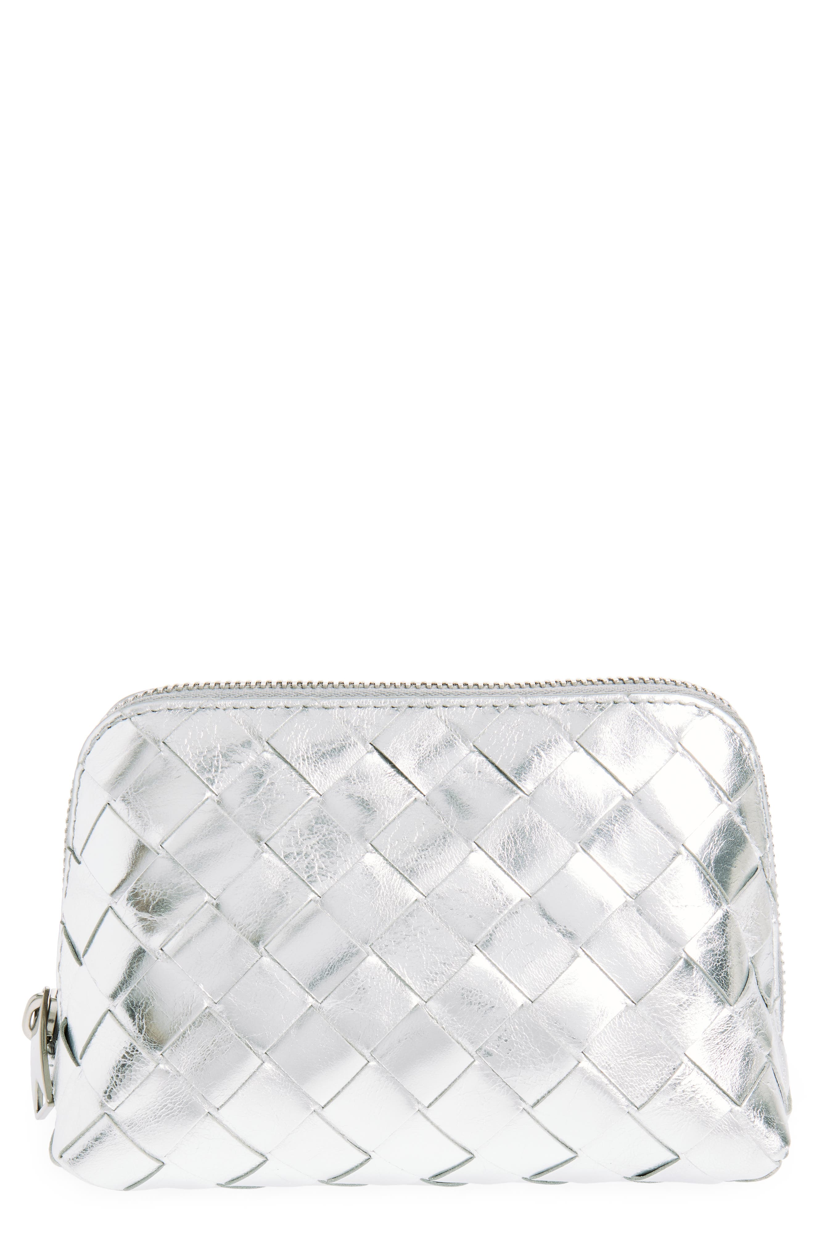 Bottega Veneta Intrecciato Metallic Leather Cosmetic Bag, Main, color, Silver- Silver