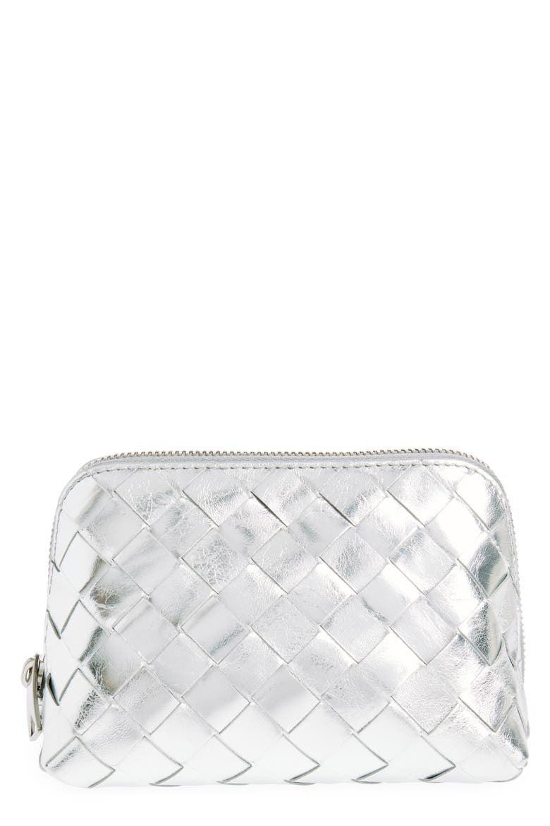 Intrecciato Metallic Leather Cosmetic Bag, Main, color, SILVER- SILVER