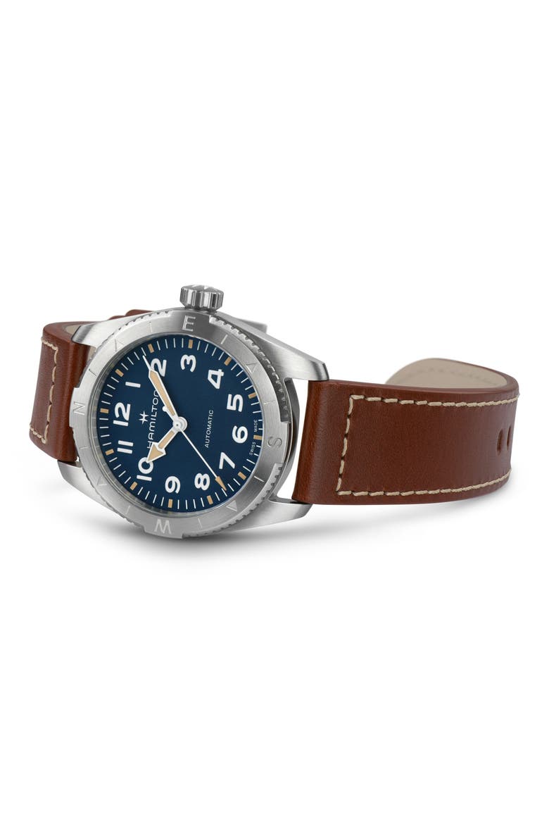Khaki Field Expedition Automatic Leather Strap Watch, 37mm, Alternate, color, BLUE
