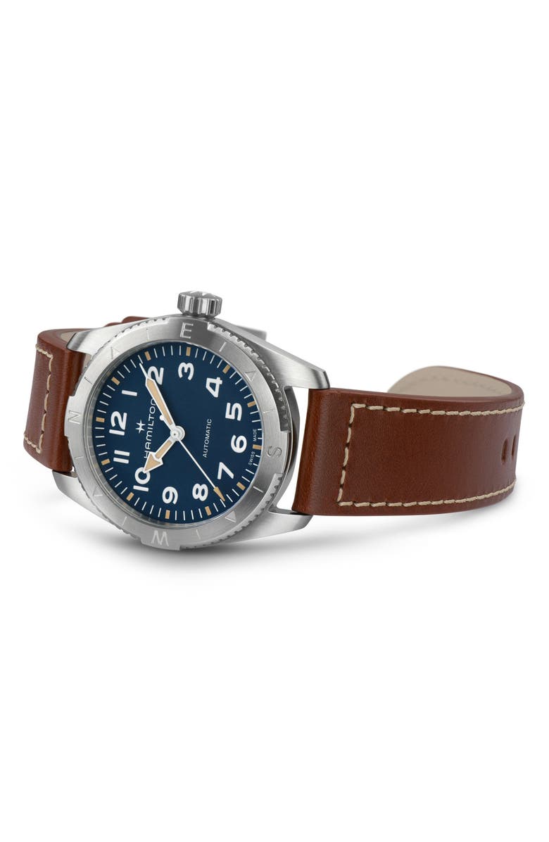 Hamilton Khaki Field Expedition Automatic Leather Strap Watch, 37mm, Alternate, color, Blue