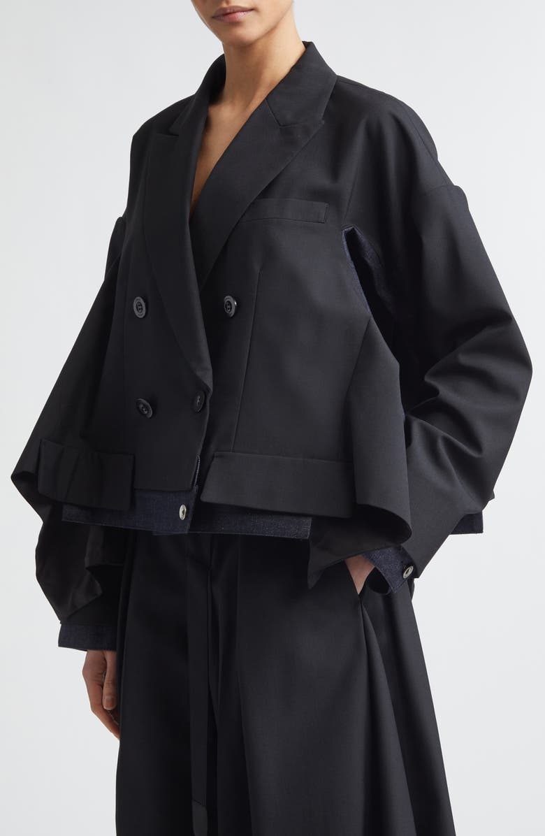 Sacai Double Breasted Suiting & Denim Jacket, Alternate, color, Black/ Indigo