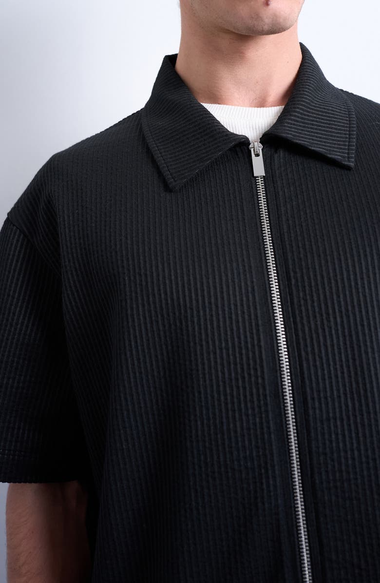 Topman Seersucker Zip-Up Shirt, Alternate, color, Black