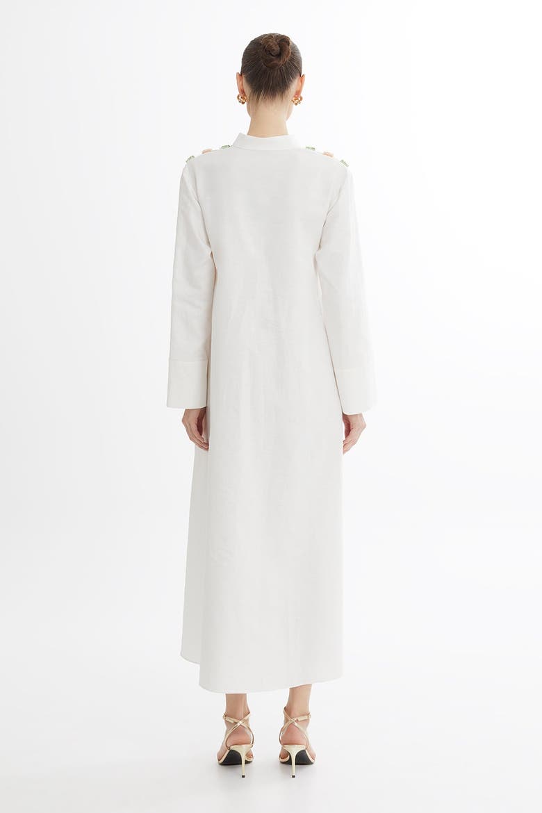 Ecru Bone Button Detail Midi Dress With Beaded Belt, Alternate, color, Beige