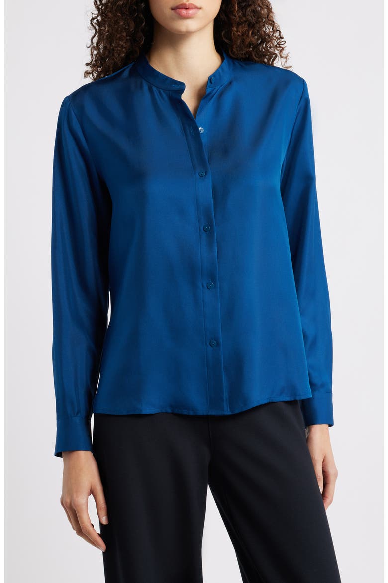 Mandarin Collar Silk Button-Up Shirt, Main, color, ATLANTIS