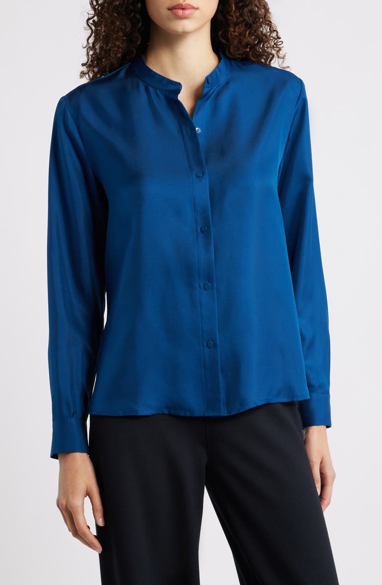 Eileen Fisher Mandarin Collar Silk Button-Up Shirt, Main, color, Atlantis