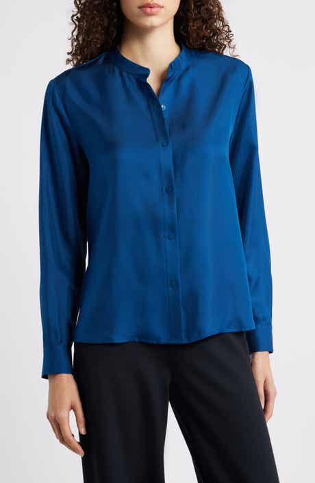 Eileen Fisher Mandarin Collar Silk Button-Up Shirt