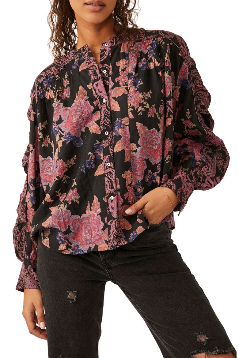 Maraya Floral Print Cotton Button-Up Blouse, Main, color, BLACK COMBO