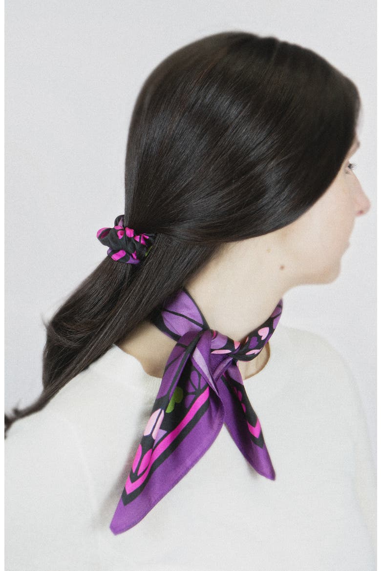 spade clover patchwork silk hair tie, Alternate, color, BLACK