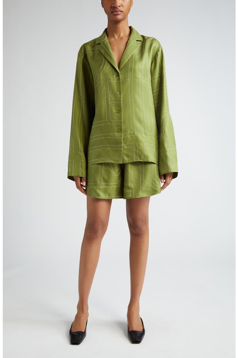 Monogram Embroidered Silk Button-Up Shirt, Alternate, color, LAUREL
