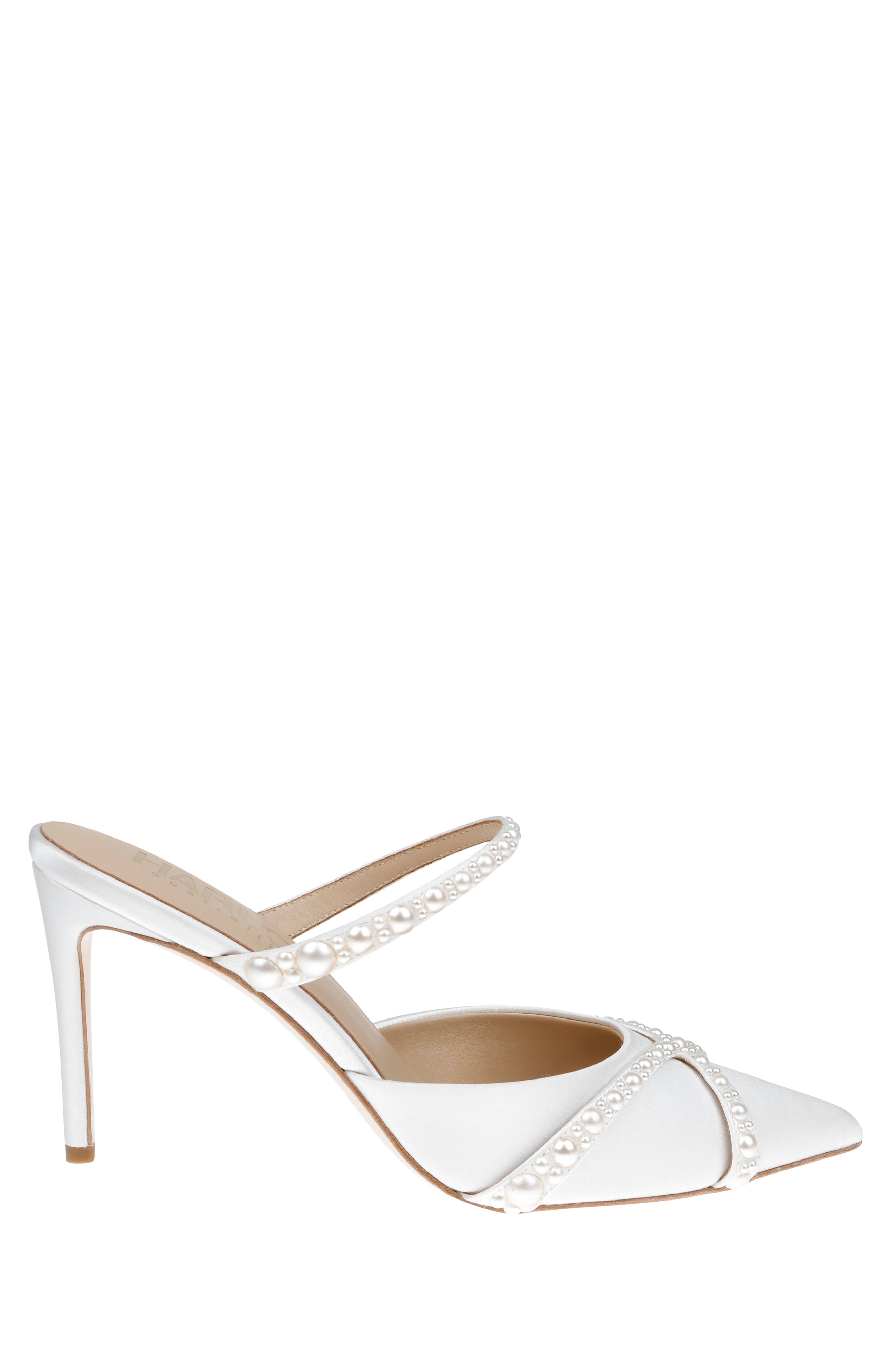 HARLO Grace Pearl Embellished Stiletto Mule Heels, Main, color, Soft White Satin