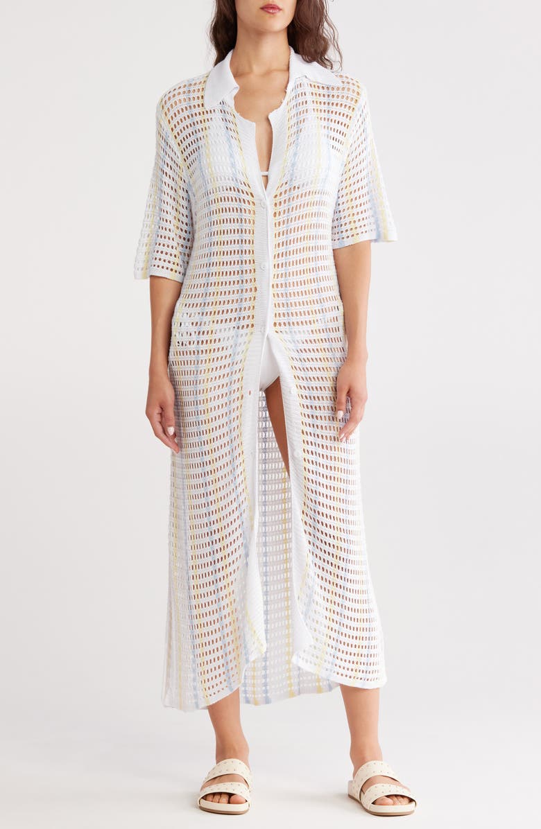 NORDSTROM RACK Open Knit Button-Up Cover-Up Dress, Main, color, Blue- White- Yellow Stripe