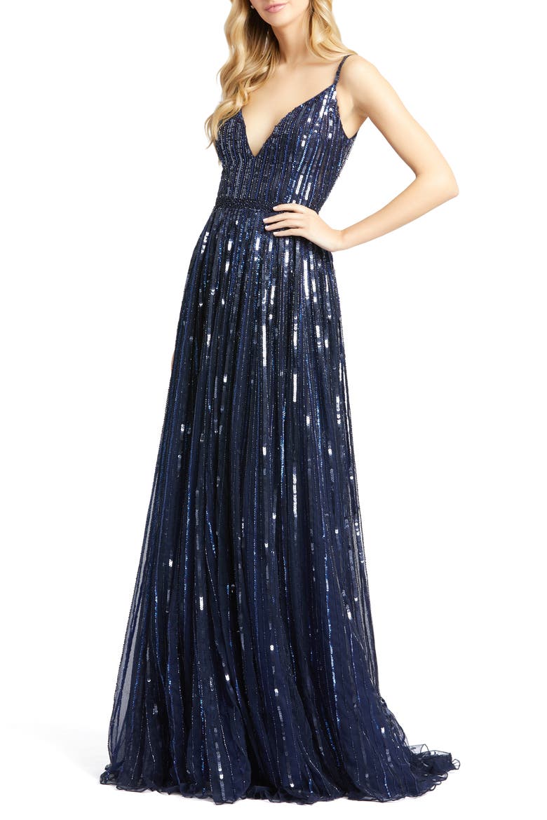 Sequin Stripe Gown, Main, color, MIDNIGHT BLUE