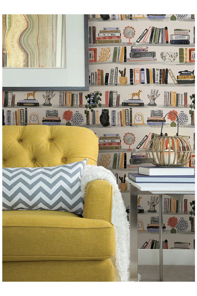 Painterly Shelf Stories Peel & Stick Wallpaper, Alternate, color, YELLOW