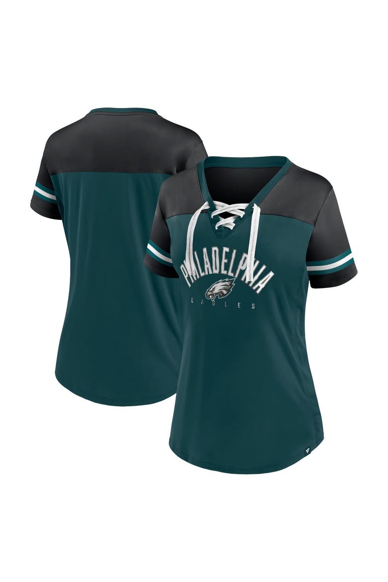Women's Fanatics Branded Midnight Green/Black Philadelphia Eagles Blitz & Glam Lace-Up V-Neck Jersey T-Shirt, Main, color, Green