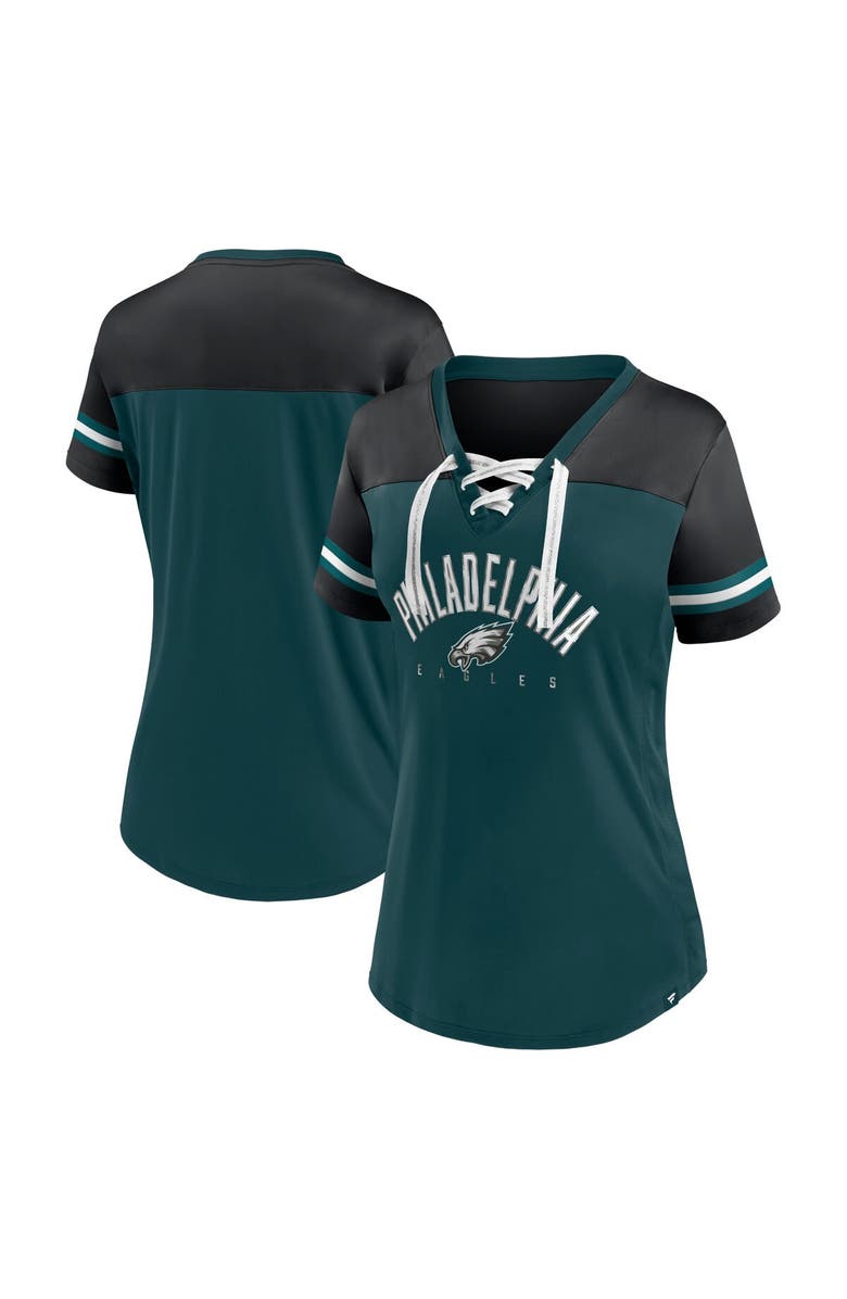 FANATICS Women's Fanatics Branded Midnight Green/Black Philadelphia Eagles Blitz & Glam Lace-Up V-Neck Jersey T-Shirt, Main, color,