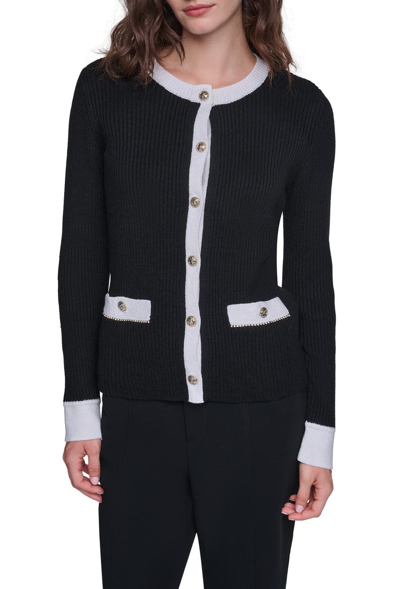 Contrast Trim Ribbed Cardigan, Main, color, BLACK/ SOFT WHITE
