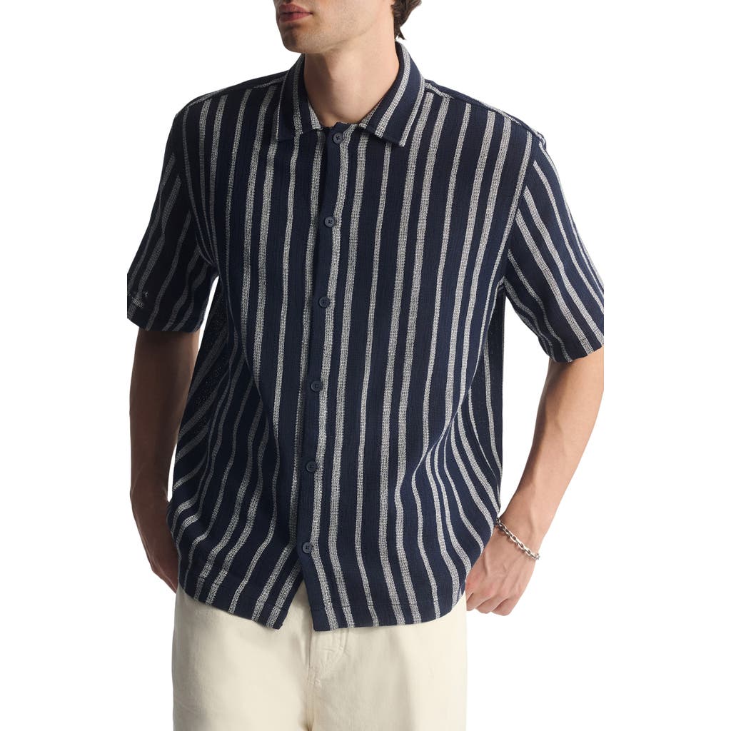 Brooklyn Industries Stripe Short Sleeve Cotton Button-up Shirt In Black