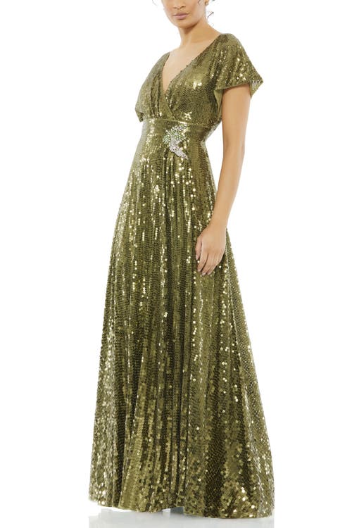 Mac Duggal Sequined Rhinestone-embellished Gown In Olive