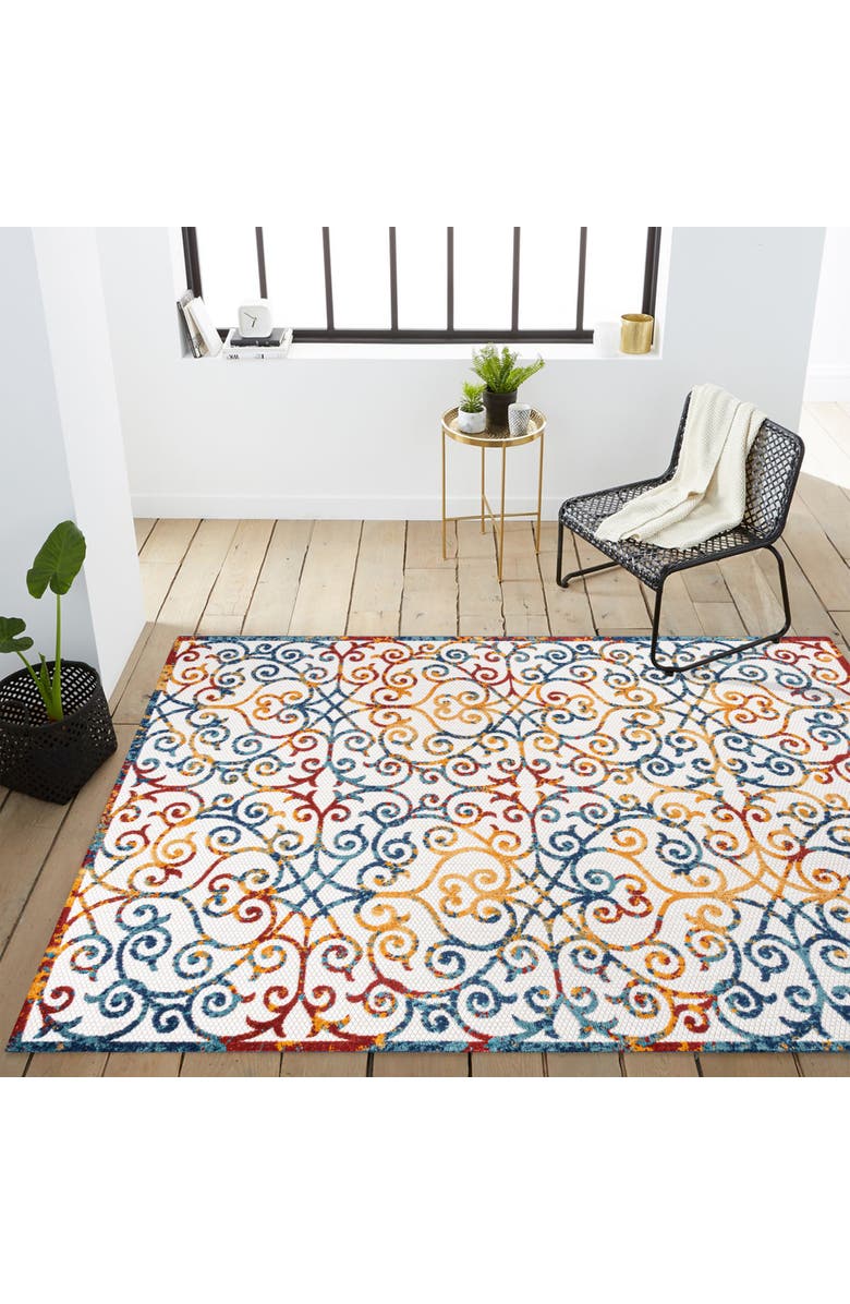 JONATHAN Y Atrani Scroll Trellis Indoor/Outdoor Area Rug, Alternate, color, Cream/Blue/Red