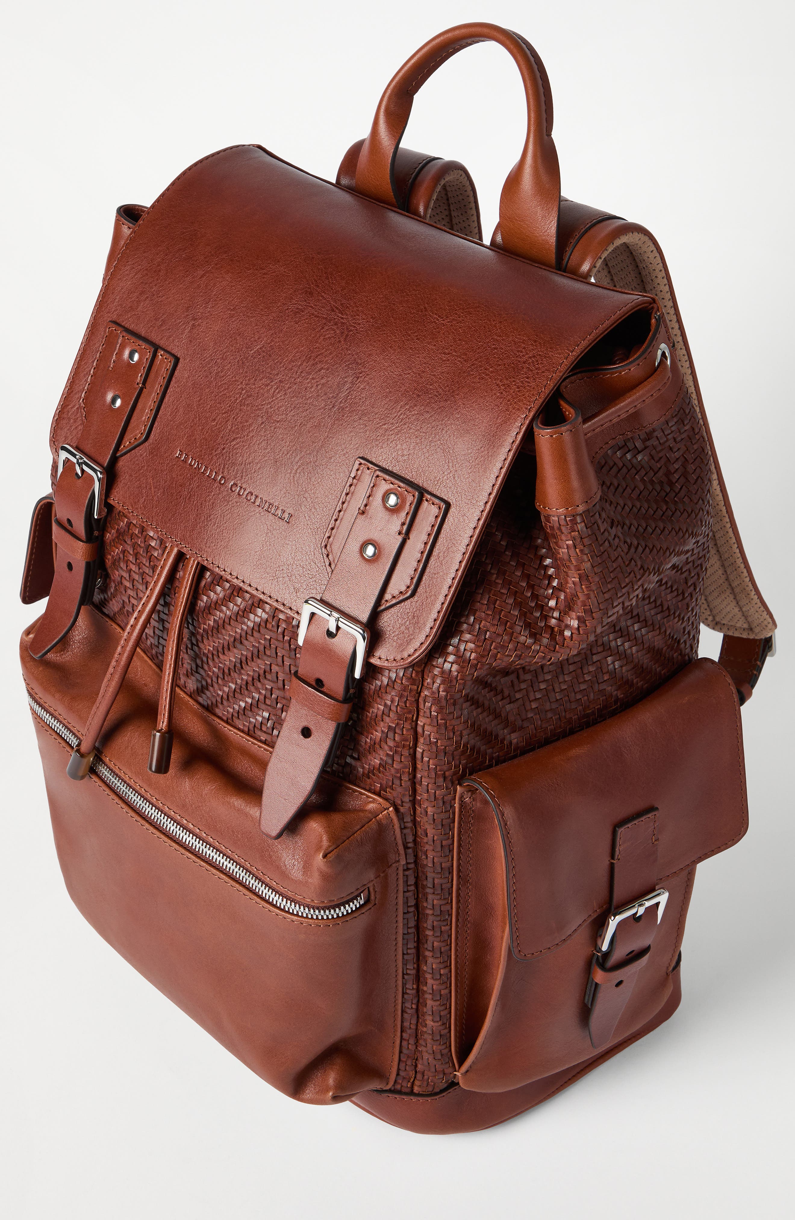 Brunello Cucinelli Calfskin and cowhide backpack, Alternate, color, Cognac