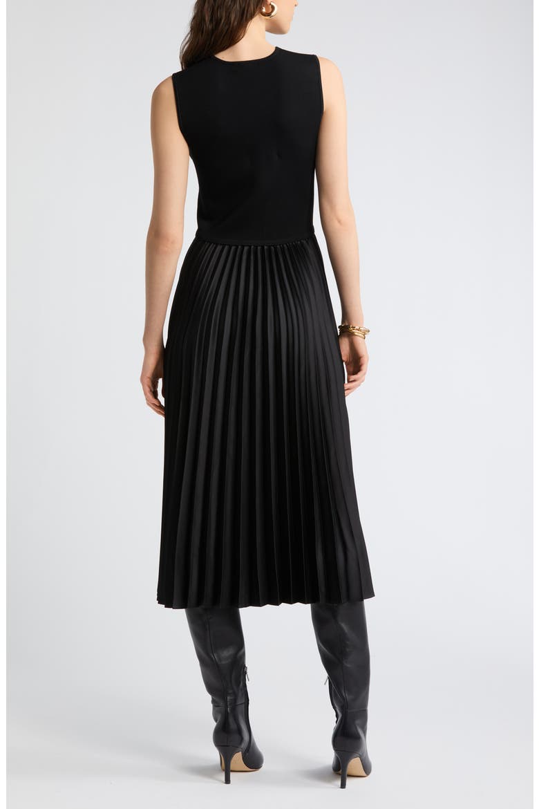 Pleated Mixed Media Midi Dress, Alternate, color, BLACK