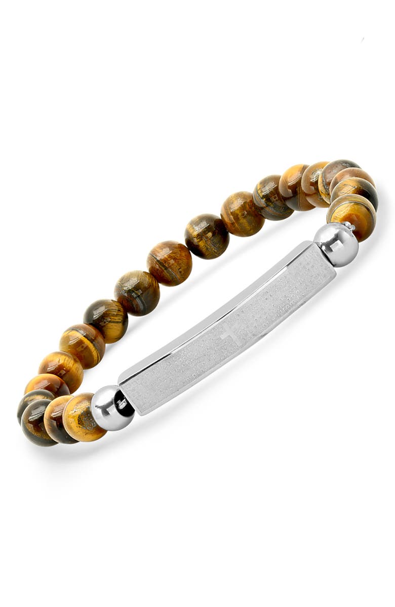 HMY JEWELRY Stainless Steel ID & Tiger Eye Beaded Bracelet, Alternate, color, Brown-Metallic