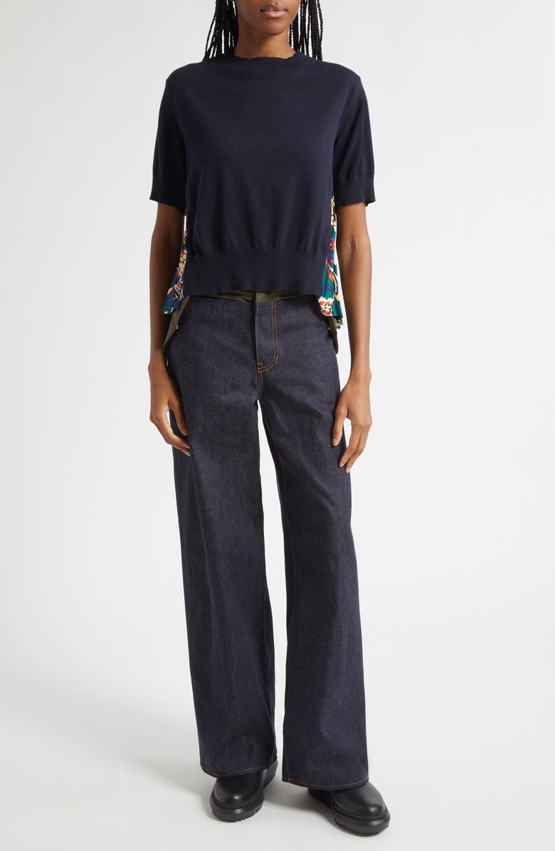 Sacai Short Sleeve Mixed Media Sweater, Alternate, color, Navy/ Green