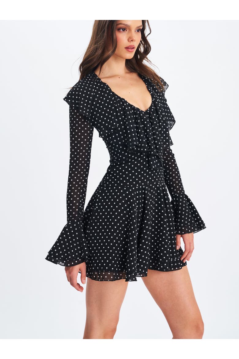 Omari Chiffon Polka Dot Ruffled Neckline Mini Dress, Alternate, color, Black Polka Dot