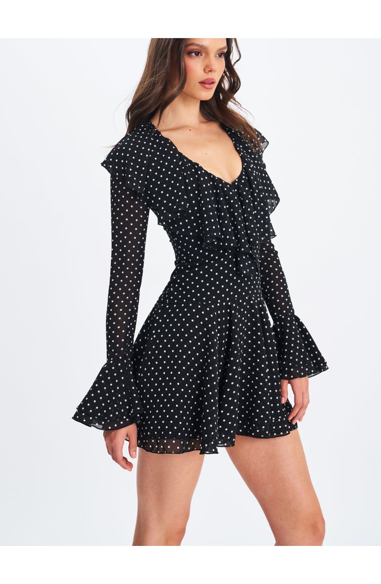 Miss Circle Omari Chiffon Polka Dot Ruffled Neckline Mini Dress, Alternate, color, Black Polka Dot