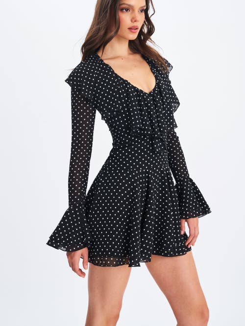 Miss Circle Omari Chiffon Polka Dot Ruffled Neckline Mini Dress In Black