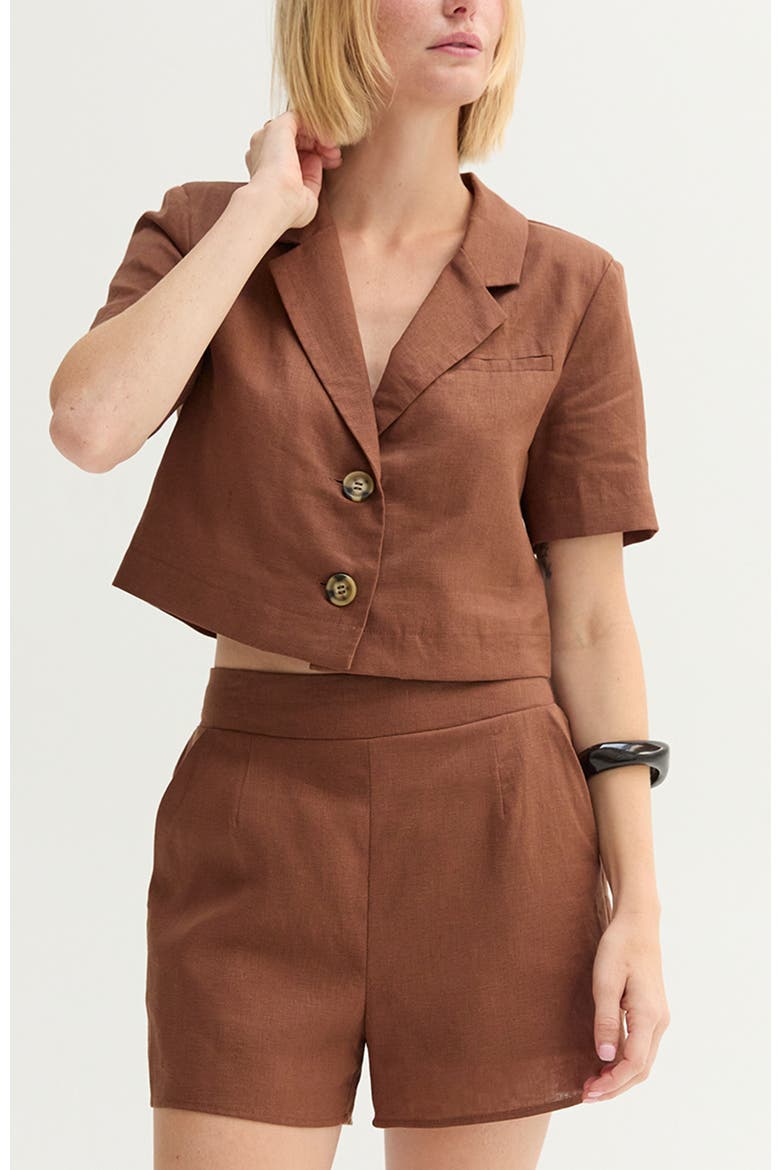 Cropped Linen Blend Blazer, Alternate, color, Brown