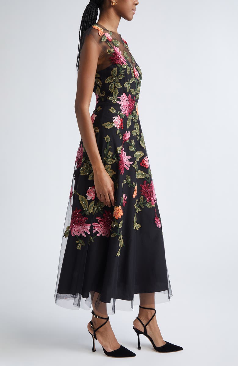 Carolina Herrera Chrysanthemum Embroidered Tulle Overlay Midi Dress, Alternate, color, Black Multi