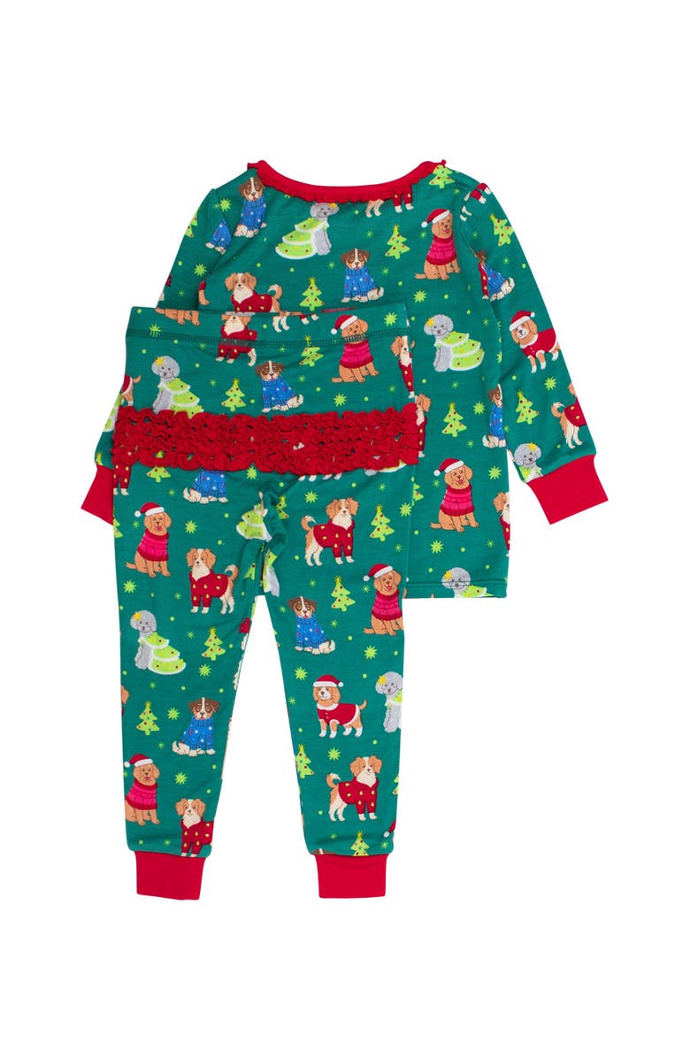 RuffleButts SoftSnooze Ruffle Long Sleeve Pajama Set, Signature Rear Ruffles, Alternate, color, Paw-Liday Pals