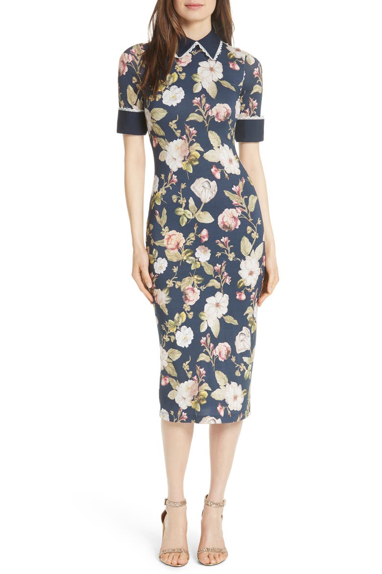 Delora Fittted Floral Dress, Main, color, HAZY FLORAL/ SAPPHIRE