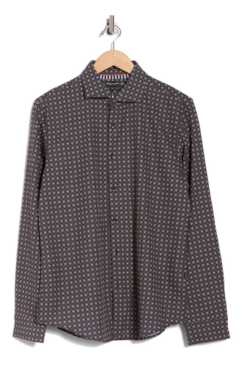 Geo Floral Stretch Button-Up Shirt, Alternate, color, BLACK