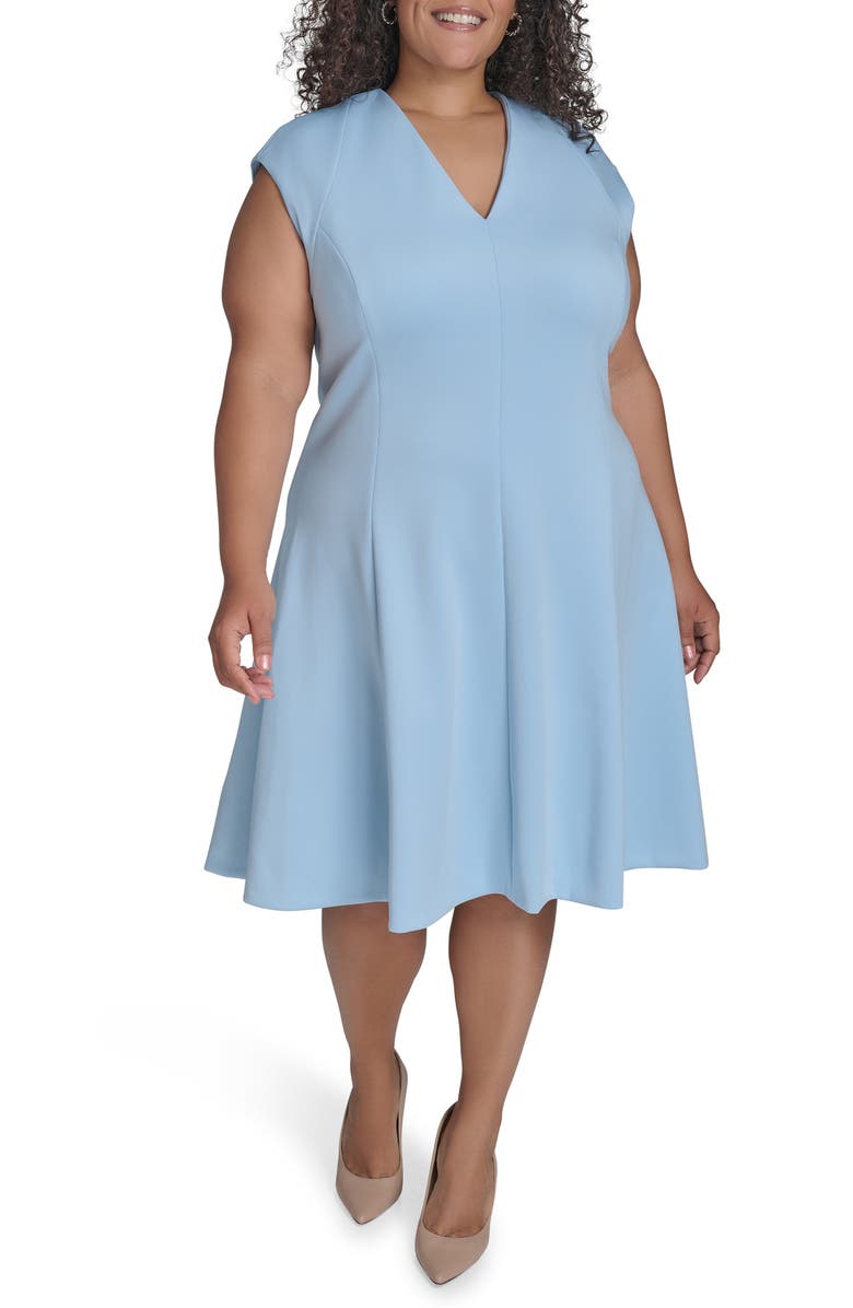 Calvin Klein Cap Sleeve Scuba Knit Fit & Flare Dress, Main, color, Light Bayou