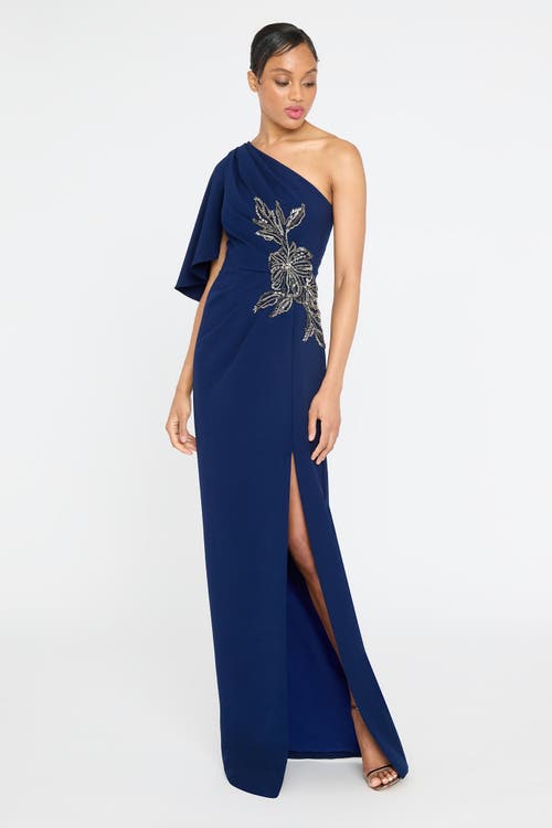 Theia Giuliana Embellished Crepe Column Gown In Blue